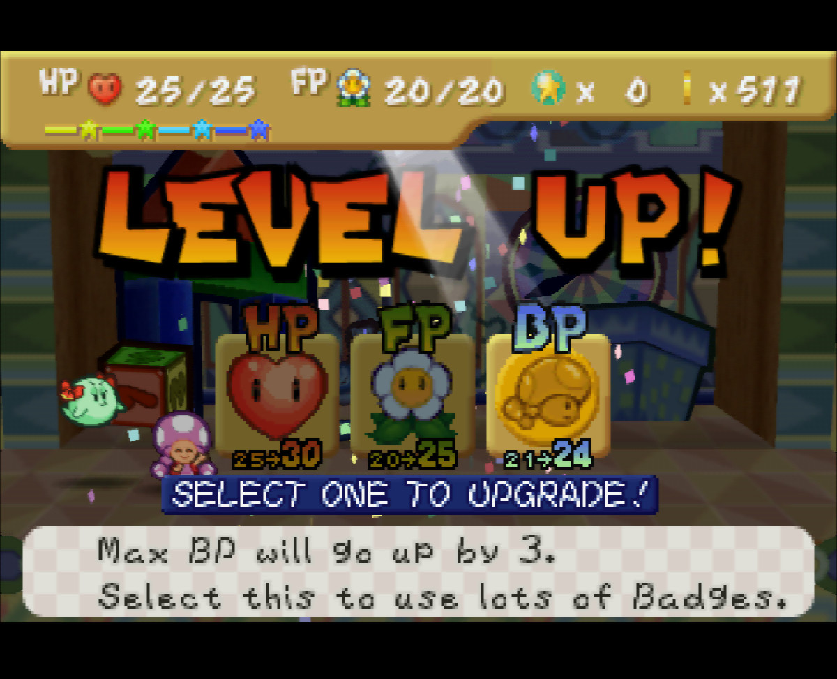 A screenshot of Toadette Over Mario: Level Up